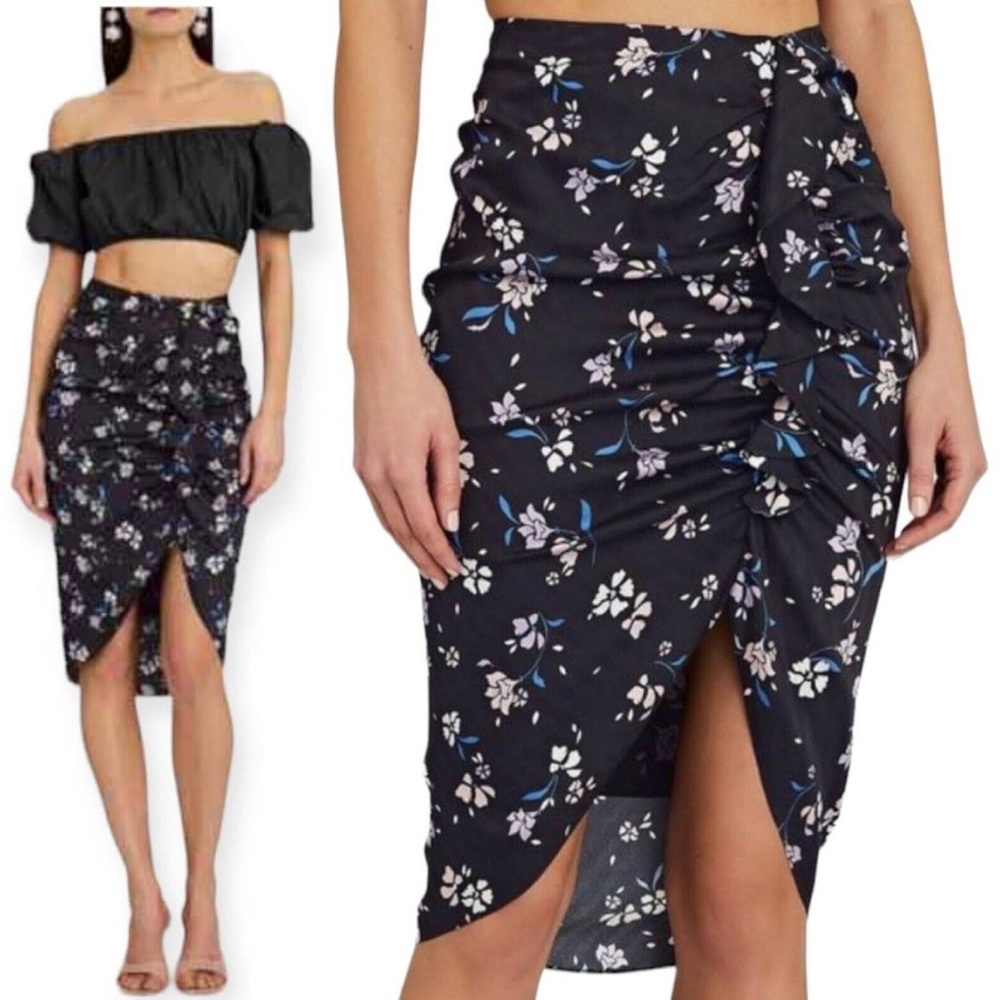 NWT Veronica Beard Hazel Floral Skirt Ruffle Drape Black